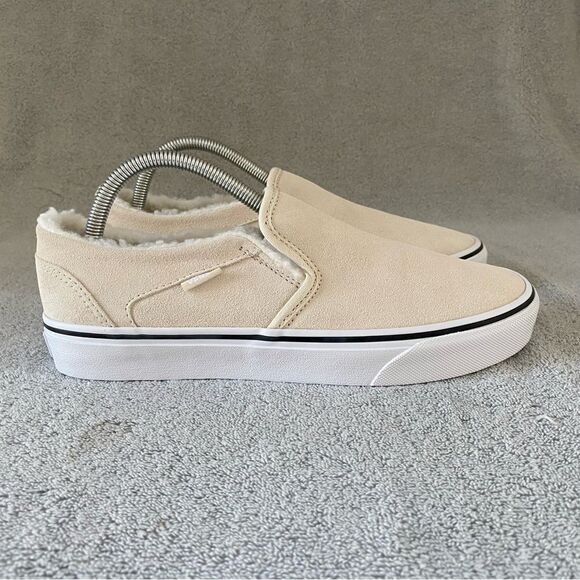 Vans Womens 10 Asher Suede Sherpa Classic Slip On Shoes VN0A5JLJBRC Birch Ivory - Picture 2 of 8